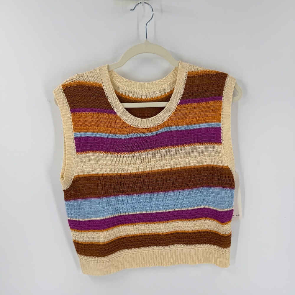 YOUDI Sweater Vest Fall Striped Knit Sleeveless Top Boho Retro Crochet Size M